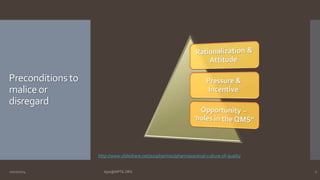 Preconditions to 
malice or 
disregard 
http://www.slideshare.net/a2zpharmsci/pharmaceutical-culture-of-quality 
10/27/2014 Ajaz@NIPTE.ORG 7 
 