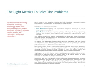 Eularis ©2014 www.eularis.com 
Current metrics are more focused on efficiencies rather than effectiveness. A better tool to measure financial impact is an imperative for this very significant budget allocation. Let’s examine this distinction in more detail: 
Sales efficiencies include things such as procedures, calls per day, minutes per call, cost per detail, cost per minute and so on. 
Sales effectiveness is focused on productivity, looking at the impact of behavior on prescribing, impact of each interaction, content requirements of interactions for improved financial return, and so on. There is a very big difference, and this difference seems to be the heart of the Pharmaceutical productivity problem. While the industry has described their metrics and analytics as effectiveness, they are actually focusing on efficiencies. The direction from here is clear: companies need to refocus on effectiveness. They must measure actual effectiveness instead of efficiency to ensure they are delivering the right messages, to the right target audiences, with the appropriate influencing behaviors. Better metrics can lead directly to better performance and productivity. By focusing on effectiveness rather than efficiency, Reps are encouraged to target their efforts more, leading to more appropriate messaging and more relevant marketing. Physicians are much more likely to respond with prescriptions when the message is tailored to their needs, their practices and their patients. To get support for this shift, objective evidence-based analytics are needed so that the company understands the need for change. This evidence needs to be collected regularly to ensure approaches are adapted for the changing environment as well. An optimized Sales Force, then, will drive company productivity. Reps will be pushed to succeed by knowing the areas in which they excel and need work. They’ll have support with appropriate goals and Physician targets. They’ll contribute directly to company sales by increasing product usage. Also, they’ll justify their own existence, with metrics that show sales management and upper echelon management their significant return on investment. 
11 
The Right Metrics To Solve The Problems 
The environment around big Pharma is becoming increasingly hostile from multiple viewpoints: patients, physicians, regulatory agencies, reimbursement, and competitors and generic competitors 
For the full report, please visit: www.eularis.com or email us at contact@eularis.com  