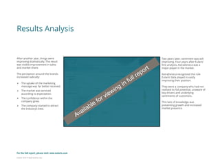 Eularis ©2014 www.eularis.com 
Results Analysis 
After another year, things were improving dramatically. The result was visible improvement in sales and market share. The perception around the brands increased radically: 
The uptake of the marketing message was far better received. 
The market was serviced according to expectation. 
The confidence within the company grew. 
The company started to attract the industry’s best. 
Two years later, sentiment was still improving. Four years after Eularis’ first analysis, AstraZeneca was a major player in the market. 
AstraZeneca recognized the role Eularis’ data played in vastly improving their position. 
They were a company who had not realized its full potential, unaware of key drivers and underlying sentiments of customers. 
This lack of knowledge was preventing growth and increased market presence. 
For the full report, please visit: www.eularis.com or email us at contact@eularis.com  