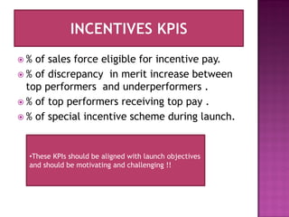 %  of sales force eligible for incentive pay.
 % of discrepancy in merit increase between
  top performers and underperformers .
 % of top performers receiving top pay .
 % of special incentive scheme during launch.




  •These KPIs should be aligned with launch objectives
  and should be motivating and challenging !!
 