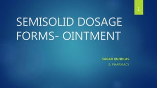 SEMISOLID DOSAGE
FORMS- OINTMENT
SAGAR KUNDLAS
B. PHARMACY
1
 