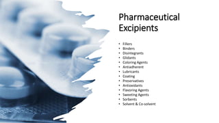 Pharmaceutical
Excipients
• Fillers
• Binders
• Disintegrants
• Glidants
• Coloring Agents
• Antiadherent
• Lubricants
• Coating
• Preservatives
• Antioxidants
• Flavoring Agents
• Sweeting Agents
• Sorbents
• Solvent & Co-solvent
 