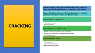 CRACKING
Cracking is where small, fine cracks observed on the upper and
lower central surface of tablets, or very rarely on the sidewall
Reason: It is observed as a result of rapid expansion of tablets,
especially when deep concave punches are used
Causes related to the granule:
• Large size of granules.
• Too dry granules
Causes related to the tablet press:
• Tablet expands on ejection due to air entrapment
• Deep concavities cause cracking while removing tablets
• Too much pressure
Possible remedial action:
• Use tapered die
• Use special take-off plate
• Reduce compression force
 