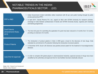 For updated information, please visit www.ibef.orgPharmaceuticals20
NOTABLE TRENDS IN THE INDIAN
PHARMACEUTICALS SECTOR … (2/2)
 Indian Government invited multi-billion dollar investment with 50 per cent public funding through its public
private partnership (PPP)
 In April 2017, Clavita Pharma Pvt. Ltd., signed an MoU with GITAM University for research activities,
exchange of visits between professionals of Clavita and GITAM University faculty, organise joint meetings
and training programmes
PPP in R&D
Source: Aranca Research
 The time limit given for submitting the application for grant has been reduced to 4 months from 12 months,
providing an extension of 2 months
Draft Patents
(Amendment) Rules,
2015
 In order to compete with global players in pharmaceutical industries, approval process of drugs have been
simplified by the authorities and approval time for new facilities has been drastically reduced
Less time for approval
Notes: R&D - Research and Development
 The introduction of product patents in India in 2005 gave a boost to the discovery of new drugs. India
reiterated its commitment to IP protection following the introduction of product patents
 In December 2016, Suven Life Sciences was granted product patent for the treatment of neurodegenerative
diseases
Product Patents
 