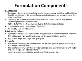 Formulation Components
3-Surfactants:
• Surfactants decrease the interfacial tension between drug particles and liquid thus
liquid is penetrated in the pores of drug particle displacing air from them and thus
ensures wetting.
• Generally, we use non-ionic surfactants but ionic surfactants can also be used
depending upon certain conditions.
• Polysorbate 80 is most widely used due to its following advantages:
 It is non-ionic so no change in pH of medium.
 No toxicity. Safe for internal use.
4-Hydrophilic colloids:
• Hydrophilic colloids coat hydrophobic drug particles in one or more than one layer.
• This will provide hydrophillicity to drug particles and facilitate wetting
• E.g. acacia, tragacanth, alginates, guar gum.
5-Solvents:
• The most commonly used solvents used are alcohol, glycerin, polyethylene glycol
and polypropylene glycol.
• The mechanism by which they provide wetting is that they are miscible with water
and reduce liquid air interfacial tension.
• Liquid penetrates in individual particle and facilitates wetting.
 