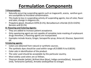Formulation Components
7-Preservatives:
• Naturally occurring suspending agents such as tragacanth, acacia, xanthan gum
are susceptible to microbial contamination.
• This leads to loss in suspending activity of suspending agents, loss of color, flavor
and odor, change in elegance etc.
• Propylene glycol, Disodium EDTA (0.1%), Benzalkonium chloride (0.01-0.02%)
Benzoic acid (0.1%)
8- Flavoring and Coloring Agents:
• They are added to increase patient acceptance.
• Only sweetening agent are not capable of complete taste masking of unpleasant
drugs therefore, a flavoring agents are incorporated.
• Examples include Acacia, Ginger, Sarsaparilla syrup, Anise oil, Glucose, Spearmint
oil.
9-Coloring agents:
• Colors are obtained from natural or synthetic sources.
• The synthetic dyes should be used within range of( 0.0005 % to 0.001%)
• Color aids in identification of the product.
• The color used should be acceptable by the particular country.
• Most widely used colors are as follows.
• Titanium dioxide (white), Brilliant blue (blue), Indigo carmine(blue), Amaranth
(red), Tartarazine (yellow), Annatto seeds(yellow to orange)
 