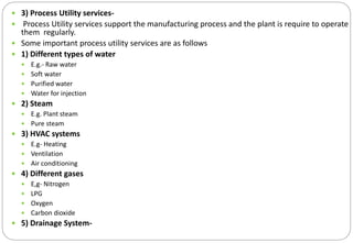  3) Process Utility services-
 Process Utility services support the manufacturing process and the plant is require to operate
them regularly.
 Some important process utility services are as follows
 1) Different types of water
 E.g.- Raw water
 Soft water
 Purified water
 Water for injection
 2) Steam
 E.g. Plant steam
 Pure steam
 3) HVAC systems
 E.g- Heating
 Ventilation
 Air conditioning
 4) Different gases
 E,g- Nitrogen
 LPG
 Oxygen
 Carbon dioxide
 5) Drainage System-
 