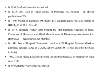 • In 1938, Madras University was started.
• In 1939, First issue of Indian journal of Pharmacy was released – an official
publication of IPA.
• In 1940, Master of pharmacy (M.Pharm) post graduate course was also started in
BHU by Prof. M. L. Schroff.
• In 1940, Subhadra Kumar Patni became the first Pharmacy Graduate in India.
Formation of Pharmacy and Allied Manufacturers & Distributors Association Ltd.
(PAMDAL) – head quartered at Mumbai.
• In 1941, Post of Hospital Pharmacist created at KEM Hospital, Mumbai. (Modern
pharmacy services started at CMCH, Vellore; Jaslok; JJ Hospital and other hospitals
in India).
• 1943, Gorakh Prasad Srivastava become the first Post Graduate in pharmacy in India
from BHU.
• In 1943, Bombay University was started.
 