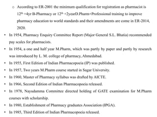 o According to ER-2001 the minimum qualification for registration as pharmacist is
12th +4yr B-Pharmacy or 12th +2yearD.Pharm+Professional training to improve
pharmacy education to world standards and their amendments are come in ER-2014,
2020.
• In 1954, Pharmacy Enquiry Committee Report (Major General S.L. Bhatia) recommended
pay scales for pharmacists.
• In 1954, a one and half year M.Pharm, which was partly by paper and partly by research
was introduced by L. M. college of pharmacy, Ahmedabad.
• In 1955, First Edition of Indian Pharmacopoeia (IP) was published.
• In 1957, Two years M.Pharm course started in Sagar University.
• In 1960, Master of Pharmacy syllabus was drafted by AICTE.
• In 1966, Second Edition of Indian Pharmacopoeia released.
• In 1978, Nayudamma Committee directed holding of GATE examination for M.Pharm
courses with scholarship.
• In 1980, Establishment of Pharmacy graduates Association (IPGA).
• In 1985, Third Edition of Indian Pharmacopoeia released.
 