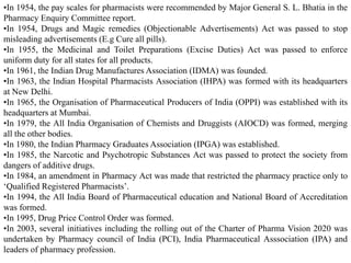 •In 1954, the pay scales for pharmacists were recommended by Major General S. L. Bhatia in the
Pharmacy Enquiry Committee report.
•In 1954, Drugs and Magic remedies (Objectionable Advertisements) Act was passed to stop
misleading advertisements (E.g Cure all pills).
•In 1955, the Medicinal and Toilet Preparations (Excise Duties) Act was passed to enforce
uniform duty for all states for all products.
•In 1961, the Indian Drug Manufactures Association (IDMA) was founded.
•In 1963, the Indian Hospital Pharmacists Association (IHPA) was formed with its headquarters
at New Delhi.
•In 1965, the Organisation of Pharmaceutical Producers of India (OPPI) was established with its
headquarters at Mumbai.
•In 1979, the All India Organisation of Chemists and Druggists (AIOCD) was formed, merging
all the other bodies.
•In 1980, the Indian Pharmacy Graduates Association (IPGA) was established.
•In 1985, the Narcotic and Psychotropic Substances Act was passed to protect the society from
dangers of additive drugs.
•In 1984, an amendment in Pharmacy Act was made that restricted the pharmacy practice only to
‘Qualified Registered Pharmacists’.
•In 1994, the All India Board of Pharmaceutical education and National Board of Accreditation
was formed.
•In 1995, Drug Price Control Order was formed.
•In 2003, several initiatives including the rolling out of the Charter of Pharma Vision 2020 was
undertaken by Pharmacy council of India (PCI), India Pharmaceutical Asssociation (IPA) and
leaders of pharmacy profession.
 