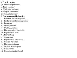 1. Practice setting
i) Community pharmacy
a. Retail pharmacy
b. Whole sale pharmacy
ii) Hospital Pharmacy
iii) Clinical pharmacy
2. Pharmaceutical Industries
i. Research and development
ii. Production and manufacturing
iii. Packaging
iv. Quality control
v. Quality Assurance
vi. Pharmaceutical Marketing
vii. Regulatory Affairs
3. Other settings
i. Academics
ii. Regulatory (Government)
iii. Clinical Research
iv. Pharmacovigilance
v. Medical Transcription
vi. Consultancy
vii. Opportunities in Abroad
 