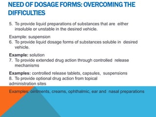 5. To provide liquid preparations of substances that are either
insoluble or unstable in the desired vehicle.
Example: suspension
6. To provide liquid dosage forms of substances soluble in desired
vehicle.
Example: solution
7. To provide extended drug action through controlled release
mechanisms
Examples: controlled release tablets, capsules, suspensions
8. To provide optional drug action from topical
administration sites
Examples: ointments, creams, ophthalmic, ear and nasal preparations
NEED OF DOSAGE FORMS:OVERCOMINGTHE
DIFFICULTIES
 