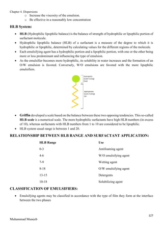 Chapter 4. Dispersions
127
Muhammad Muneeb
o Increase the viscosity of the emulsion.
o Be effective in a reasonably low concentration
HLB System:
 HLB (Hydrophilic lipophilic balance) is the balance of strength of hydrophilic or lipophilic portion of
surfactant molecule.
 Hydrophilic lipophilic balance (HLB) of a surfactant is a measure of the degree to which it is
hydrophilic or lipophilic, determined by calculating values for the different regions of the molecule.
 Each emulsifying agent has a hydrophilic portion and a lipophilic portion, with one or the other being
more or less predominant and influencing the type of emulsion.
 As the emulsifier becomes more hydrophilic, its solubility in water increases and the formation of an
O/W emulsion is favored. Conversely, W/O emulsions are favored with the more lipophilic
emulsifiers.
 Griffin developed a scale based on the balance between these two opposing tendencies. This so-called
HLB scale is a numerical scale. The more hydrophilic surfactants have high HLB numbers (in excess
of 10), whereas surfactants with HLB numbers from 1 to 10 are considered to be lipophilic.
 HLB system usual range is between 1 and 20.
RELATIONSHIP BETWEEN HLB RANGE AND SURFACTANT APPLICATION:
HLB Range Use
0-3 Antifoaming agent
4-6 W/O emulsifying agent
7-9 Wetting agent
8-18 O/W emulsifying agent
13-15 Detergents
10-18 Solubilizing agent
CLASSIFICATION OF EMULSIFIERS:
 Emulsifying agents may be classified in accordance with the type of film they form at the interface
between the two phases
 