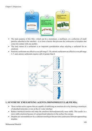 Chapter 4. Dispersions
128
Muhammad Muneeb
 The main purpose of this film—which can be a monolayer, a multilayer, or a collection of small
particles adsorbed at the interface—is to form a barrier that prevents the coalescence of droplets that
come into contact with one another.
 The ionic nature of a surfactant is an important consideration when selecting a surfactant for an
emulsion.
 Nonionic surfactants are effective over pH range 3–10; cationic surfactants are effective over pH range
3–7; and, anionic surfactants require a pH of greater than 8.
1. SYNTHETIC EMULSIFYING AGENTS (MONOMOLECULAR FILMS):
 Those surface-active agents that are capable of stabilizing an emulsion do so by forming a monolayer
of adsorbed molecules or ions at the oil–water interface
 Reduce interfacial tension and make the emulsion thermodynamically more stable. This results in a
more stable emulsion because of a proportional reduction in the surface free energy.
 Droplets are surrounded now by a coherent monolayer that prevents coalescence between approaching
droplets.
 