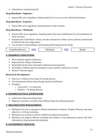 Chapter 1. Pharmacy Orientation
14
Muhammad Muneeb
 Subcontracts a manufacturing lab
Drug Distributor / Importer:
 Imports RM, active ingredients, finished product for its own use or for wholesale distribution
Drug Distributor / Exporter:
 Exports RM, active ingredients, finished product to other countries
Drug Distributor / Wholesale:
 Procures RM, active ingredients, finished product from local establishment for local distribution on
whole sale basis
 Important part of distributive scheme, provides mechanism to obtain various products manufactured
by different labs from single agency
 Less hazards in stock handling, record keeping and bill paying for the retailer
5. PHARMACY EDUCATION:
 Most important segment of pharmacy
 Represented by colleges of pharmacy
 Responsible for the nature and quality of pharmaceutical education
 Knowledge of different physical, biological sciences qualifies a pharmacist to teach
 Masteral / Doctoral degree
Research & Development:
 Discovery / isolation of new drugs for treating diseases
 The development of better drugs through chemical modification
 Examples:
o Amoxicillin → Co-amoxiclav
o Diuretics → K sparing diuretics
6. PHARMACEUTICAL JOURNALISM:
 Gifted with writing and editing talents
 Magazines, brochures, newsletter about different drugs for marketing purposes
7. ORGANIZATION MANAGEMENT:
 Pharmacist can work as manager in different departments of Industry, Hospital, Pharmacy and many
other Govt. or Private institutions.
 Pharmacists are working as officers of different recognized associations
 Pharmacist can organize different workshops and seminars to keep pharmacists abreast with latest
information in drug treatment and technology
8. GOVERNMENT SERVICES:
Drug Manufacturers Wholesaler Retailer
 