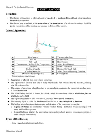 Chapter 6. Physicochemical Processes
174
Muhammad Muneeb
3. DISTILLATION
Definition:
 Distillation is the process in which a liquid is vaporized, re-condensed (turned back into a liquid) and
collected in a container.
 Distillation may be defined as the separation of the constituents of a mixture including a liquid by
partial vaporization of the mixture and separate collection of the vapors.
General Apparatus:
01 Heat Source 09 Vacuum / Gas Inlet
02 Still Pot 10 Still Receiver
03 Still Head 11 Heat Control
04 Thermometer / Boiling Point Temperature 12 Stirrer Speed Control
05 Condenser 13 Stirrer / Heat Plate
06 Cooling Water In 14 Heating (Oil/Sand) Bath
07 Cooling Water Out 15 Stirrer Bar/Anti-bumping Granules
08 Distillate / Receiving Flask 16 Cooling Bath
The separations may include;
 Separation of a liquid from non-volatile impurities
 The separation of a liquid from one or more other liquids, with which it may be miscible, partially
miscible or immiscible.
 The process of vaporizing a liquid mixture in one vessel and condensing the vapors into another vessel
is called distillation.
 The liquid being distilled is heated in a flask, which is sometimes called a distillation flask or
distillation pot or Still.
 The vapors are condensed on a cool surface, usually a water-cooled condenser.
 The resulting liquid is called the distillate and is collected in a receiving flask or Receiver.
 The boiling point of mixtures depends upon mole fraction of the component present i.e.:
o In pure substances the temperature remains constant during distillation process so long as both
vapor and liquid are present.
o In miscible liquid mixture the temperature increases throughout process because composition of
vapor changes continuously.
Types of Distillation:
Some types of distillation are as follows.
 
