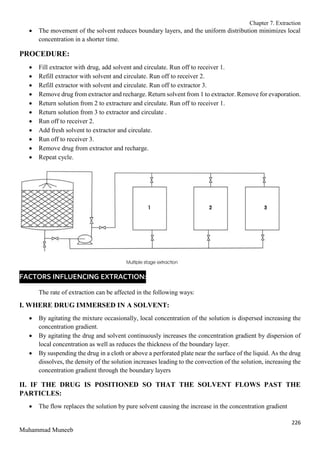 Chapter 7. Extraction
226
Muhammad Muneeb
 The movement of the solvent reduces boundary layers, and the uniform distribution minimizes local
concentration in a shorter time.
PROCEDURE:
 Fill extractor with drug, add solvent and circulate. Run off to receiver 1.
 Refill extractor with solvent and circulate. Run off to receiver 2.
 Refill extractor with solvent and circulate. Run off to extractor 3.
 Remove drug from extractor and recharge. Return solvent from 1 to extractor. Remove for evaporation.
 Return solution from 2 to extracture and circulate. Run off to receiver 1.
 Return solution from 3 to extractor and circulate .
 Run off to receiver 2.
 Add fresh solvent to extractor and circulate.
 Run off to receiver 3.
 Remove drug from extractor and recharge.
 Repeat cycle.
FACTORS INFLUENCING EXTRACTION:
The rate of extraction can be affected in the following ways:
I. WHERE DRUG IMMERSED IN A SOLVENT:
 By agitating the mixture occasionally, local concentration of the solution is dispersed increasing the
concentration gradient.
 By agitating the drug and solvent continuously increases the concentration gradient by dispersion of
local concentration as well as reduces the thickness of the boundary layer.
 By suspending the drug in a cloth or above a perforated plate near the surface of the liquid. As the drug
dissolves, the density of the solution increases leading to the convection of the solution, increasing the
concentration gradient through the boundary layers
II. IF THE DRUG IS POSITIONED SO THAT THE SOLVENT FLOWS PAST THE
PARTICLES:
 The flow replaces the solution by pure solvent causing the increase in the concentration gradient
 