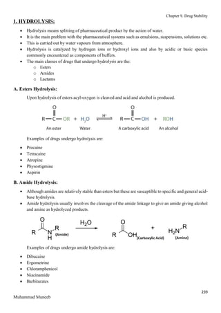 Chapter 9. Drug Stability
239
Muhammad Muneeb
1. HYDROLYSIS:
 Hydrolysis means splitting of pharmaceutical product by the action of water.
 It is the main problem with the pharmaceutical systems such as emulsions, suspensions, solutions etc.
 This is carried out by water vapours from atmosphere.
 Hydrolysis is catalyzed by hydrogen ions or hydroxyl ions and also by acidic or basic species
commonly encountered as components of buffers.
 The main classes of drugs that undergo hydrolysis are the:
o Esters
o Amides
o Lactams
A. Esters Hydrolysis:
Upon hydrolysis of esters acyl-oxygen is cleaved and acid and alcohol is produced.
Examples of drugs undergo hydrolysis are:
 Procaine
 Tetracaine
 Atropine
 Physostigmine
 Aspirin
B. Amide Hydrolysis:
 Although amides are relatively stable than esters but these are susceptible to specific and general acid-
base hydrolysis.
 Amide hydrolysis usually involves the cleavage of the amide linkage to give an amide giving alcohol
and amine as hydrolyzed products.
Examples of drugs undergo amide hydrolysis are:
 Dibucaine
 Ergometrine
 Chloramphenicol
 Niacinamide
 Barbiturates
 
