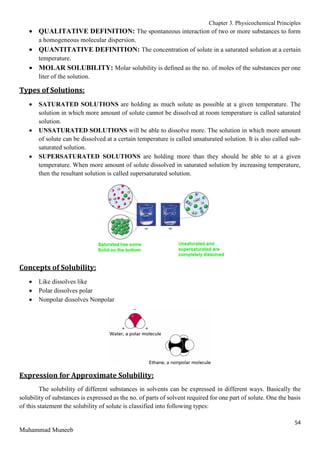 Chapter 3. Physicochemical Principles
54
Muhammad Muneeb
 QUALITATIVE DEFINITION: The spontaneous interaction of two or more substances to form
a homogeneous molecular dispersion.
 QUANTITATIVE DEFINITION: The concentration of solute in a saturated solution at a certain
temperature.
 MOLAR SOLUBILITY: Molar solubility is defined as the no. of moles of the substances per one
liter of the solution.
Types of Solutions:
 SATURATED SOLUTIONS are holding as much solute as possible at a given temperature. The
solution in which more amount of solute cannot be dissolved at room temperature is called saturated
solution.
 UNSATURATED SOLUTIONS will be able to dissolve more. The solution in which more amount
of solute can be dissolved at a certain temperature is called unsaturated solution. It is also called sub-
saturated solution.
 SUPERSATURATED SOLUTIONS are holding more than they should be able to at a given
temperature. When more amount of solute dissolved in saturated solution by increasing temperature,
then the resultant solution is called supersaturated solution.
Concepts of Solubility:
 Like dissolves like
 Polar dissolves polar
 Nonpolar dissolves Nonpolar
Expression for Approximate Solubility:
The solubility of different substances in solvents can be expressed in different ways. Basically the
solubility of substances is expressed as the no. of parts of solvent required for one part of solute. One the basis
of this statement the solubility of solute is classified into following types:
 