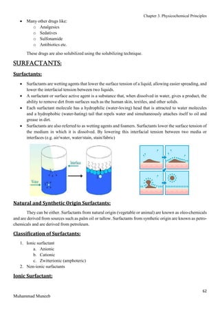 Chapter 3. Physicochemical Principles
62
Muhammad Muneeb
 Many other drugs like:
o Analgesics
o Sedatives
o Sulfonamide
o Antibiotics etc.
These drugs are also solubilized using the solubilizing technique.
SURFACTANTS:
Surfactants:
 Surfactants are wetting agents that lower the surface tension of a liquid, allowing easier spreading, and
lower the interfacial tension between two liquids.
 A surfactant or surface active agent is a substance that, when dissolved in water, gives a product, the
ability to remove dirt from surfaces such as the human skin, textiles, and other solids.
 Each surfactant molecule has a hydrophilic (water-loving) head that is attracted to water molecules
and a hydrophobic (water-hating) tail that repels water and simultaneously attaches itself to oil and
grease in dirt.
 Surfactants are also referred to as wetting agents and foamers. Surfactants lower the surface tension of
the medium in which it is dissolved. By lowering this interfacial tension between two media or
interfaces (e.g. air/water, water/stain, stain/fabric)
Natural and Synthetic Origin Surfactants:
They can be either. Surfactants from natural origin (vegetable or animal) are known as oleo-chemicals
and are derived from sources such as palm oil or tallow. Surfactants from synthetic origin are known as petro-
chemicals and are derived from petroleum.
Classification of Surfactants:
1. Ionic surfactant
a. Anionic
b. Cationic
c. Zwitterionic (amphoteric)
2. Non-ionic surfactants
Ionic Surfactant:
 
