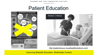 P H A R M A A N D T H E C O N N E C T E D P A T I E N T
Patient Education
Improving Bedside Education: Multimedia Content
http://patientnexus.visualhealthsolutions.com/
 