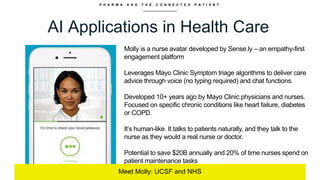 P H A R M A A N D T H E C O N N E C T E D P A T I E N T
AI Applications in Health Care
Meet Molly: UCSF and NHS
Molly is a nurse avatar developed by Sense.ly – an empathy-first
engagement platform
Leverages Mayo Clinic Symptom triage algorithms to deliver care
advice through voice (no typing required) and chat functions.
Developed 10+ years ago by Mayo Clinic physicians and nurses.
Focused on specific chronic conditions like heart failure, diabetes
or COPD.
It’s human-like. It talks to patients naturally, and they talk to the
nurse as they would a real nurse or doctor.
Potential to save $20B annually and 20% of time nurses spend on
patient maintenance tasks
 
