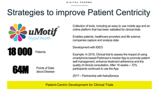 D I G I T A L P H A R M A
Strategies to improve Patient Centricity
Patient-Centric Development for Clinical Trials
18000
Collection of tools, including an easy to use mobile app and an
online platform that has been validated for clinical trials
Enables patients, healthcare providers and life science
companies capture and analyze data
Development with IDEO
Example: In 2016, Clinical trial to assess the impact of using
smartphone-based Parkinson’s tracker App to promote patient
self-management, enhance treatment adherence and the
quality of clinical consultation. After 16 weeks – 72%
participants continued to use the App
2017 – Partnership with AstraZeneca
64M
Patients
Points of Data
about Disease
 