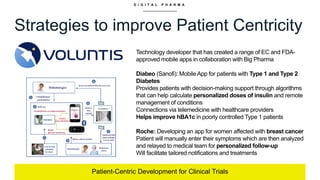 D I G I T A L P H A R M A
Strategies to improve Patient Centricity
Patient-Centric Development for Clinical Trials
Technology developer that has created a range of EC and FDA-
approved mobile apps in collaboration with Big Pharma
Diabeo (Sanofi): Mobile App for patients with Type 1 and Type 2
Diabetes
Provides patients with decision-making support through algorithms
that can help calculate personalized doses of insulin and remote
management of conditions
Connections via telemedicine with healthcare providers
Helps improve hBA1c in poorly controlled Type 1 patients
Roche: Developing an app for women affected with breast cancer
Patient will manually enter their symptoms which are then analyzed
and relayed to medical team for personalized follow-up
Will facilitate tailored notifications and treatments
 