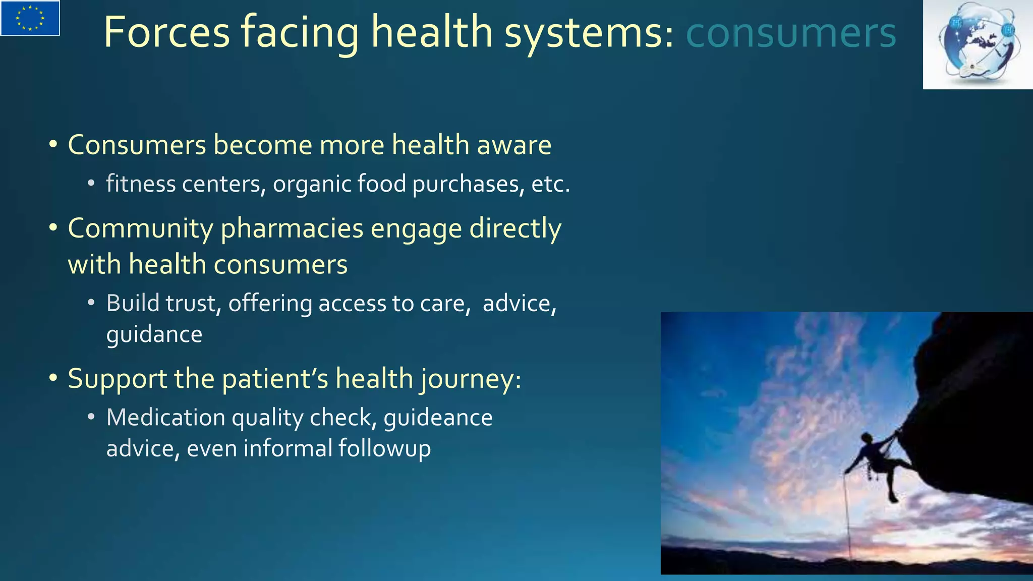 Forces facing health systems: consumers
• Consumers become more health aware
• Community pharmacies engage directly
with health consumers
• Support the patient’s health journey:
 