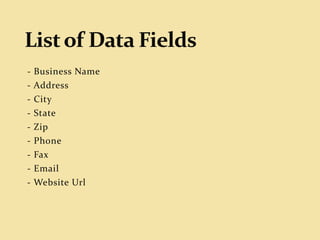 - Business Name
- Address
- City
- State
- Zip
- Phone
- Fax
- Email
- Website Url
 