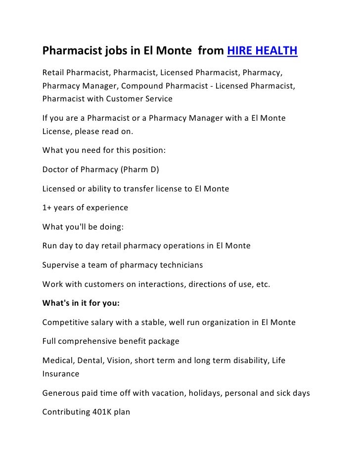 Pharmacist jobs in el monte
