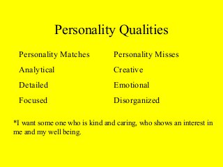 Personality Qualities
Personality Matches Personality Misses
Analytical Creative
Detailed Emotional
Focused Disorganized
*I want some one who is kind and caring, who shows an interest in
me and my well being.
 