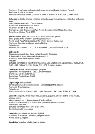 Nativa do Brasil, principalmente da floresta semidecídua da bacia do Paraná.
Árvore de 8 a 16 m de altura.
Estudos científicos: Vieira, J.E.V. et al. 1968. Caceres, A. et al., 1987, 1990, 1993.
Imbaúba, imbaúba-branca, imbaíba, ambaíba, árvore-da-preguiça, embaúba, ambaúba,
torém:
Cecropia hololeuca Miq.; Cecropiaceae
Nativa das matas úmidas do Brasil.
Árvore de até 15 m de altura.
Outras espécies: C. pachystachya Trécul, C. glaziovi Snethlage, C. peltata
Referência: Matos, F.J.A. 2000
Ipecacuanha, ipeca, raiz-do-brasil, ipecacuana-preta, poaia:
Evea ipicacuanha (Brotero) Standley; Rubiaceae
Nome atual: Psychotria ipecacuanha (Brot.) Stokes; Rubiaceae
Nativa de florestas úmidas da Mata Atlântica.
Subarbusto.
Referências: Simões, C.M.O., E.P. Schenkel, G. Gosmasn et al. 2001.
Jaborandi:
Pilocarpus microphyllus Stapf ex Wardelworth; Rutaceae
P. jaborandi Holmes, jaborandi-de-pernambuco
Nativa do norte e nordeste do Brasil.
Arbusto.
Estudos científicos: a indústria farmacêutica usa amplamente a pilocarpina. Budavari, S.
(ed.) 1989. Palmer T. 1991. Costa, A.F. 1978. E muitos outros.
Jalapa-do-brasil, batata-de-purga, jalapão:
Operculina macrocarpa (L.) Urb.; Convolvulaceae
Outra espécie: O. Alata Urban.
Comum no Nordeste do Brasil.
Trepadeira.
Japecanga, salsaparrilha:
Smilax japicanga Griseb.; Liliaceae – ver salsaparrilha, abaixo
Nativa do Brasil tropical.
Subarbusto.
Estudos científicos: D'Amico, M.L. 1950. Fitzpatrick, F.K. 1954. Rollier, R. 1959.
Jequiriti, pequiriti, olhos-de-pombo, arvoeiro, juqueriti, olho-de-cabra, tento-miúdo,
assacu-mirim:
Abrus precatorius L.; Leguminosae-Papilionoideae
Nativa da orla atlântica do Brasil, principalmente norte e nordeste.
Trepadeira delicada.
Estudos científicos: Kuo, S.C. et al. 1995
Sementes muito venenosas.
Jequitibá, jequitibá-rosa, jecuíba, igibibá:
Cariniana brasiliensis Casaretto; Lecythidaceae
Nome atual: C. legalis
Jurubeba, juripeba, jubeba, juvena, juúna:
 