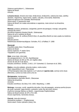 Solanum paniculatum L.; Solanaceae
Nativa do Brasil.
Arbusto.
Limoeiro-bravo, limoeiro-do-mato, limão-bravo, limãozinho, cidreira-do-mato, cidrilha-
silvestre, negramina, negra-mena, capitiú, caá-pitiu, erva-santa, fedorenta:
Siparuna apiosyce De Candolle; Monimiaceae
Nome atual: S. guianensis Aubl.
Nativa do Brasil, em matas secundárias e capoeiras, mais comum na Amazônia.
Arbusto.
Manacá, jerataca, jeratacaca, cangambá, jasmim-do-paraguai, manajá, caá-gambá,
manacá-de-cheiro:
Brunfelsia hopeana (Hooker) Benth.; Solanaceae
Nativa do sul e sudeste do Brasil.
Outras espécies: B. uniflora (Pohl) D.Don, B. pauciflora Benth (a mais usada na medicina
popular).
Arbusto perene.
Referências etnofarmacológicas: Schultes, R.E. & Raffauf, F. 1990
Maracujá:
Passiflora alata Aiton; Passifloraceae
Nativa do Brasil.
Outras espécies: P. edulis Sims
Trepadeira com gavinhas.
Mate, erva-mate, chá-mate:
Ilex paraguariensis A. St.-Hil.; Aquifoliaceae
Nativa do Brasil, do MS ao RS, em regiões altas.
Árvore de até 20 m de altura.
Estudos científicos: Simões, C.M.O., E.P. Schenkel, G. Gosmasn et al. 2001.
Matico, erva-de-soldado, pimenta-matico, moho-moho:
Piper angustifolium Lam.; Piperaceae
A Pharmacopeia trata esta espécie e a P. aduncum (aperta-ruão, acima) como duas
diferentes, Lorenzi as trata como uma só.
Muirapuama, marapuama:
Ptychopetalum olacoides Benth.; Olacaceae
Nativa da Amazônia.
Arvoreta.
Estudos científicos: Da Silva, R.D. 1925. Waynberg, J. 1990.
Mulungu, murungu, suinã, sapatinho-de-judeu, bico-de-papagaio, amansa-senhor,árvore-
de-coral, canivete, capa-homem, corticeira, suiná, flor-de-coral, tiricero:
Erythrina mulungu Martius ex Benth.; Leguminosae-Papilonioideae
Nativa do Brasil central, de SP a TO e BA.
Árvore espinhenta. Sementes tóxicas.
Pacová, cana-de-macaco:
Renealmia exaltata L.; Zingiberaceae
Nome atual: Costus spicatus (Jacq.) Sw.
 
