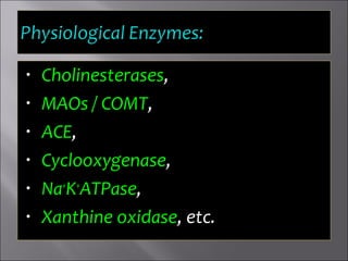 • Cholinesterases,
• MAOs / COMT,
• ACE,
• Cyclooxygenase,
• Na+
K+
ATPase,
• Xanthine oxidase, etc.
 