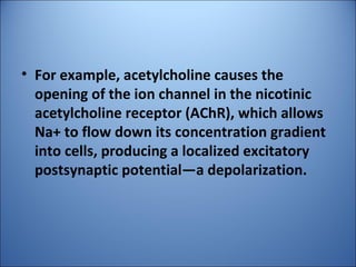 • For example, acetylcholine causes the
opening of the ion channel in the nicotinic
acetylcholine receptor (AChR), which allows
Na+ to flow down its concentration gradient
into cells, producing a localized excitatory
postsynaptic potential—a depolarization.
 