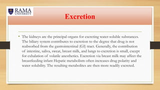 Excretion
• The kidneys are the principal organs for excreting water-soluble substances.
The biliary system contributes to excretion to the degree that drug is not
reabsorbed from the gastrointestinal (GI) tract. Generally, the contribution
of intestine, saliva, sweat, breast milk, and lungs to excretion is small, except
for exhalation of volatile anesthetics. Excretion via breast milk may affect the
breastfeeding infant Hepatic metabolism often increases drug polarity and
water solubility. The resulting metabolites are then more readily excreted.
 