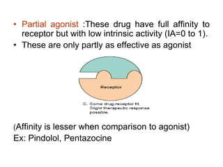 • Partial agonist :These drug have full affinity to
receptor but with low intrinsic activity (IA=0 to 1).
• These are only partly as effective as agonist
(Affinity is lesser when comparison to agonist)
Ex: Pindolol, Pentazocine
 