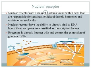 Nuclear receptor
 Nuclear receptors are a class of proteins found within cells that
are responsible for sensing steroid and thyroid hormones and
certain other molecules.
 Nuclear receptor have the ability to directly bind to DNA.
hence these receptors are classified as transcription factors.
 Receptors is directly interact with and control the expression of
genomic DNA.
 