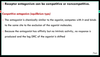  Receptor antagonism can be competitive or noncompetitive.
Competitive antagonism (equilibrium type)
 The antagonist is chemically similar to the agonist, competes with it and binds
to the same site to the exclusion of the agonist molecules.
 Because the antagonist has affinity but no intrinsic activity, no response is
produced and the log DRC of the agonist is shifted
Jegan
 