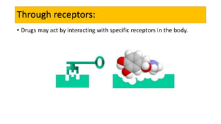 Through receptors:
• Drugs may act by interacting with specific receptors in the body.
 