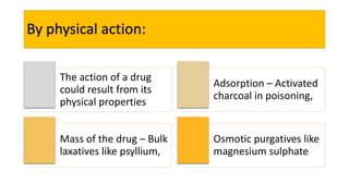 By physical action:
The action of a drug
could result from its
physical properties
Adsorption – Activated
charcoal in poisoning,
Mass of the drug – Bulk
laxatives like psyllium,
Osmotic purgatives like
magnesium sulphate
 