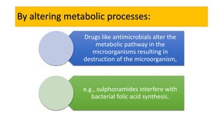 By altering metabolic processes:
Drugs like antimicrobials alter the
metabolic pathway in the
microorganisms resulting in
destruction of the microorganism,
e.g., sulphonamides interfere with
bacterial folic acid synthesis.
 