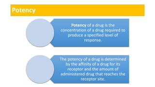 Potency
Potency of a drug is the
concentration of a drug required to
produce a specified level of
response.
The potency of a drug is determined
by the affinity of a drug for its
receptor and the amount of
administered drug that reaches the
receptor site.
 