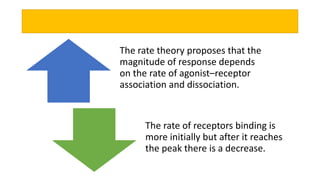The rate theory proposes that the
magnitude of response depends
on the rate of agonist–receptor
association and dissociation.
The rate of receptors binding is
more initially but after it reaches
the peak there is a decrease.
 