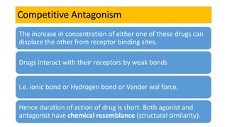 Competitive Antagonism
The increase in concentration of either one of these drugs can
displace the other from receptor binding sites.
Drugs interact with their receptors by weak bonds
i.e. ionic bond or Hydrogen bond or Vander wal force.
Hence duration of action of drug is short. Both agonist and
antagonist have chemical resemblance (structural similarity).
 