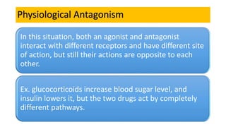 Physiological Antagonism
In this situation, both an agonist and antagonist
interact with different receptors and have different site
of action, but still their actions are opposite to each
other.
Ex. glucocorticoids increase blood sugar level, and
insulin lowers it, but the two drugs act by completely
different pathways.
 