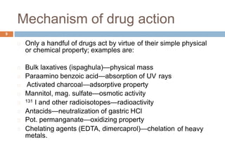 Mechanism of drug action
9
Only a handful of drugs act by virtue
or chemical property; examples are:
of their simple physical
Bulk laxatives (ispaghula)—physical mass
Paraamino benzoic acid—absorption of UV
Activated charcoal—adsorptive property
Mannitol, mag. sulfate—osmotic activity
rays
131 I and other radioisotopes—radioactivity
Antacids—neutralization of gastric HCl
Pot. permanganate—oxidizing property
Chelating agents (EDTA, dimercaprol)—chelation
metals.
of heavy
 