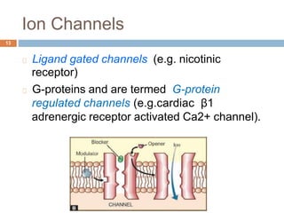 Ion Channels
13
Ligand gated channels
receptor)
(e.g. nicotinic
G-proteins and are termed G-protein
regulated channels (e.g.cardiac β1
adrenergic receptor activated Ca2+ channel).
 