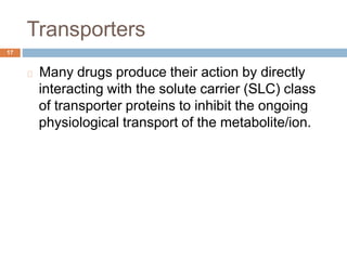 Transporters
17
Many drugs produce their action by directly
interacting with the solute carrier (SLC) class
of transporter proteins to inhibit the ongoing
physiological transport of the metabolite/ion.
 